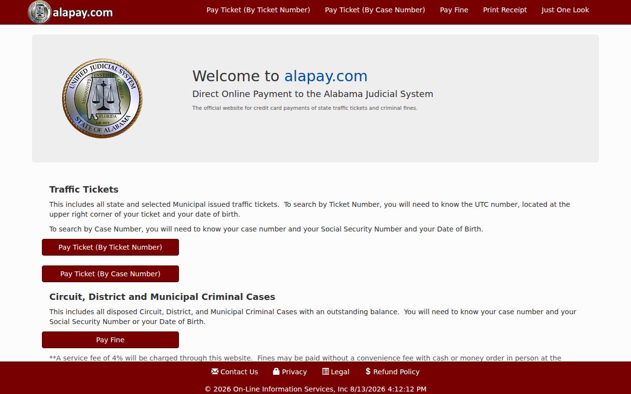 Crenshaw County criminal court docket AlaPay case payment page